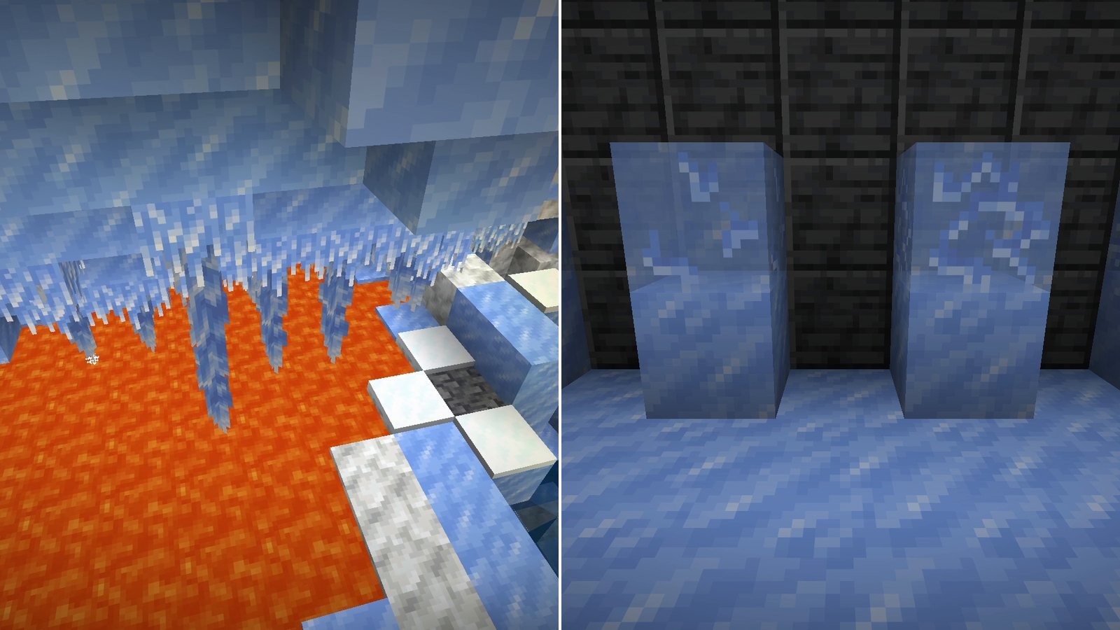 Two Minecraft screenshots side by side: icicles hanging over a lava lake in an ice cave, and two cracked Brittle Ice blocks