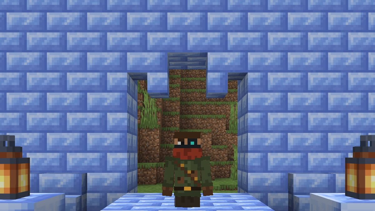 Minecraft screenshot: a gate in a wall of light blue Packed Ice Bricks, a player character standing in it between two lanterns