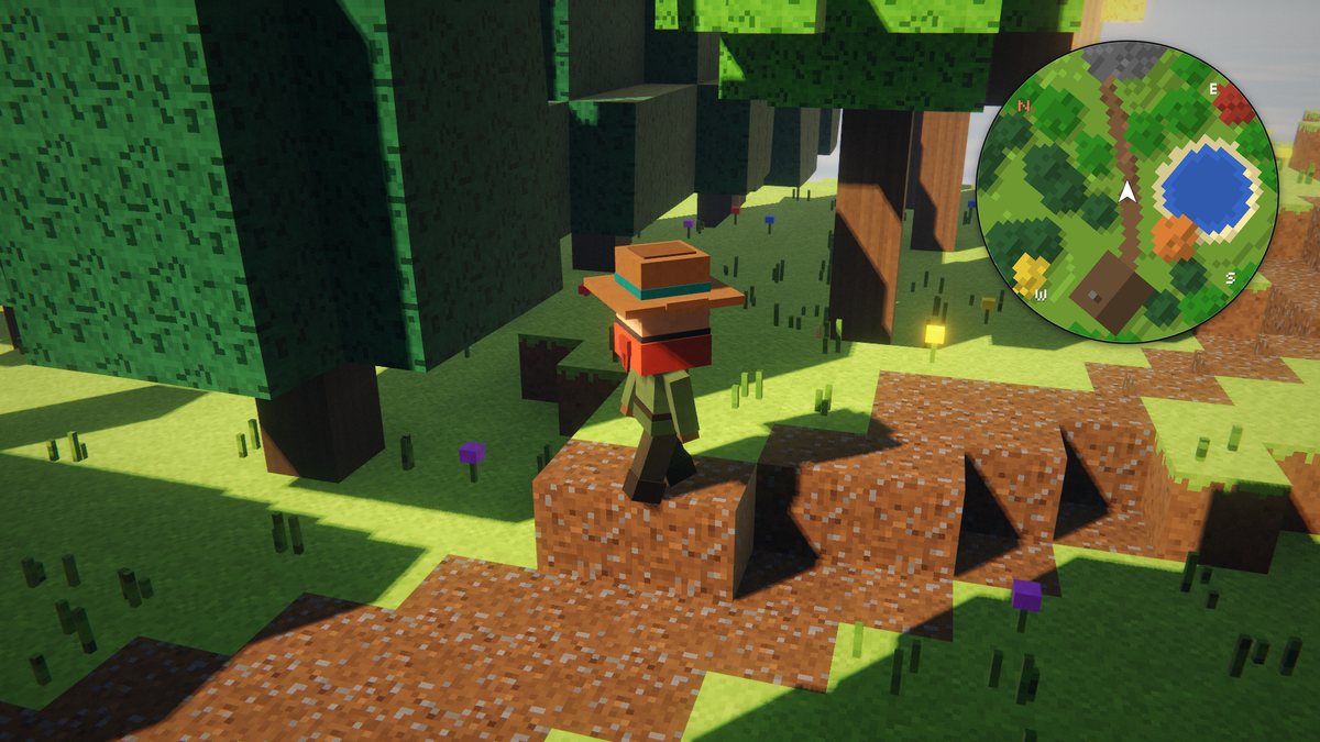 Voxel landscape with a round minimap overlay showing a pond, trees and a path