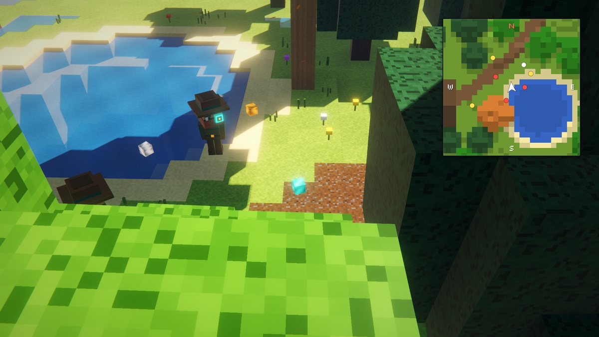 Voxel meadow with a fox and rabbits, and a minimap with colored dots