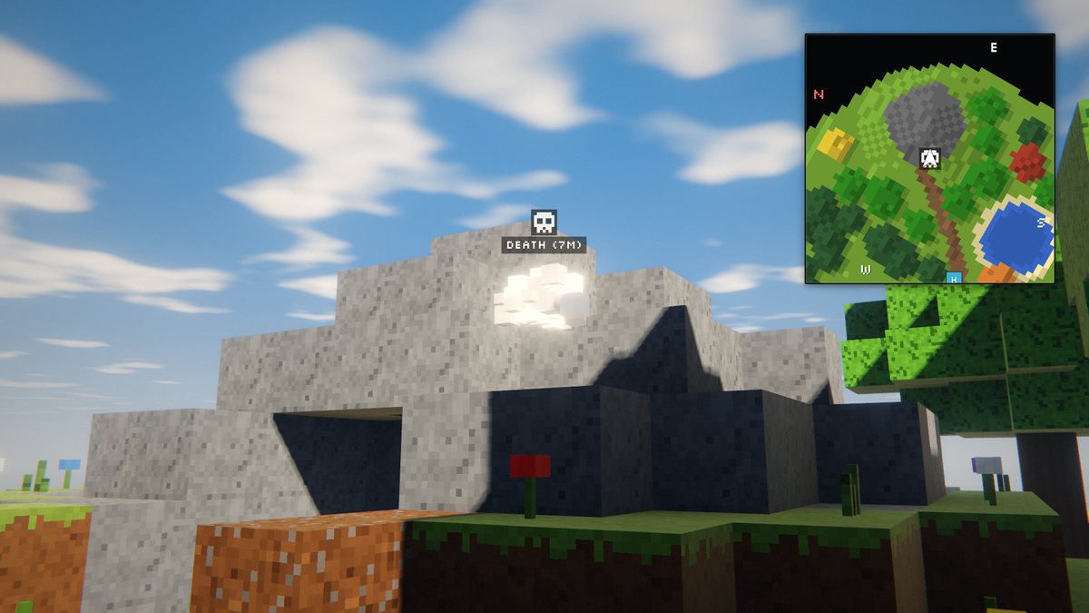Voxel hill with a skull-shaped deathpoint marker floating above it