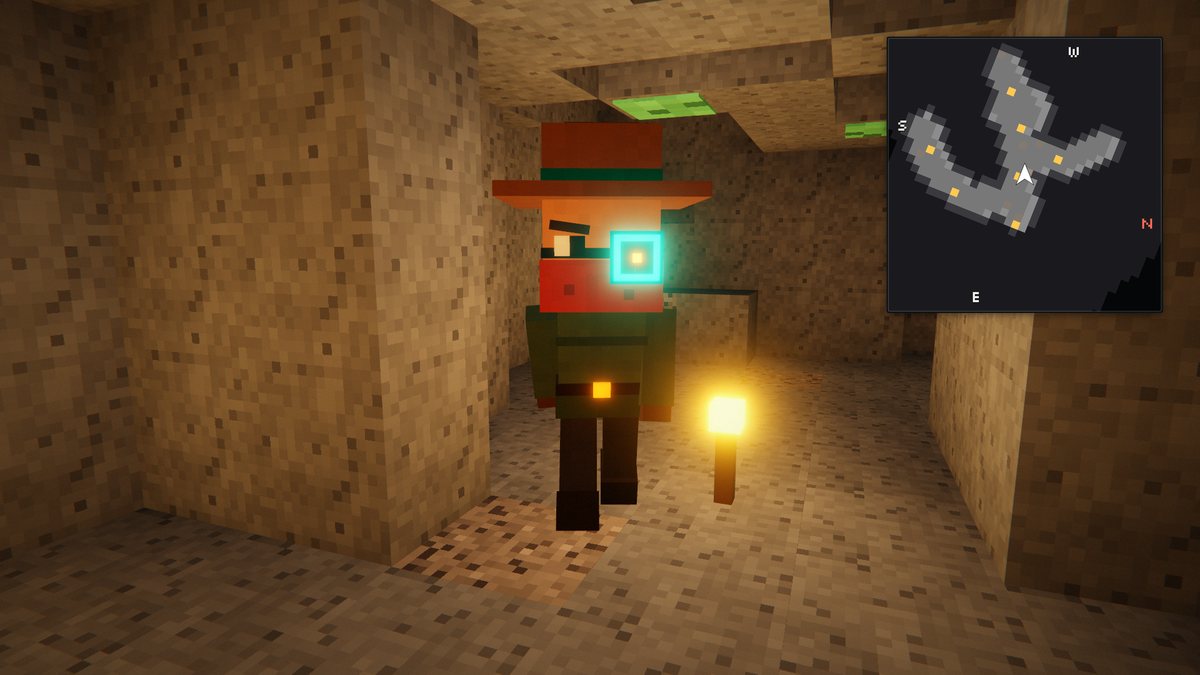 Voxel tunnel lit by torches with a dark cave-layer minimap