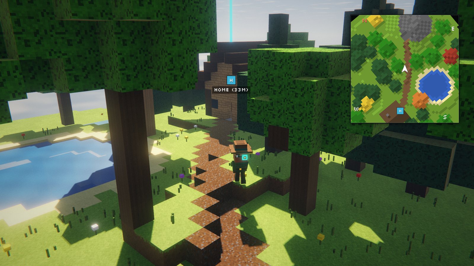 A voxel island with a small cabin, a pond and a forest, with a square minimap in the corner
