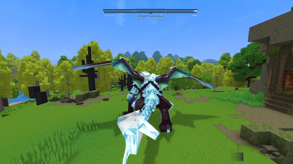 Hytale screenshot: an icy dragon boss on a meadow under its boss bar