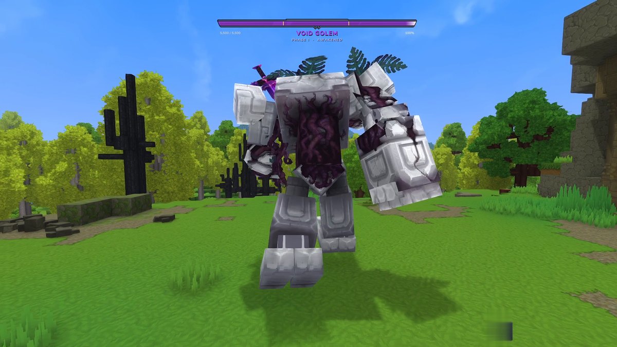 Hytale screenshot: a stone golem with purple void tendrils under its boss bar