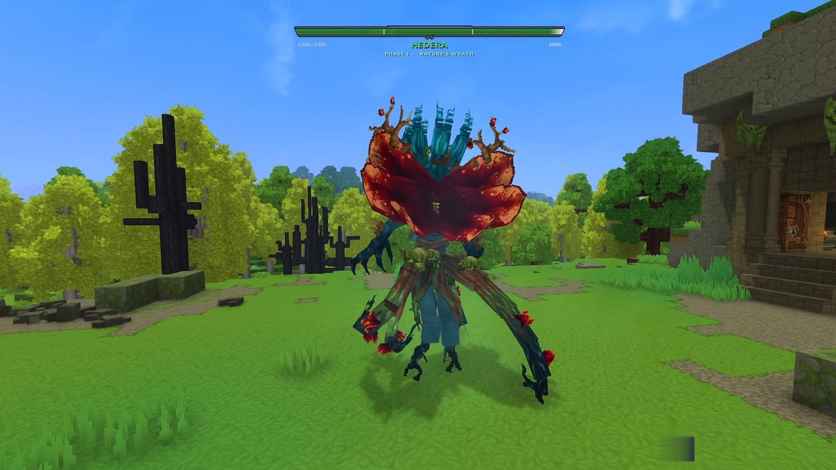 Hytale screenshot: a plant boss with a huge red flower head under its boss bar