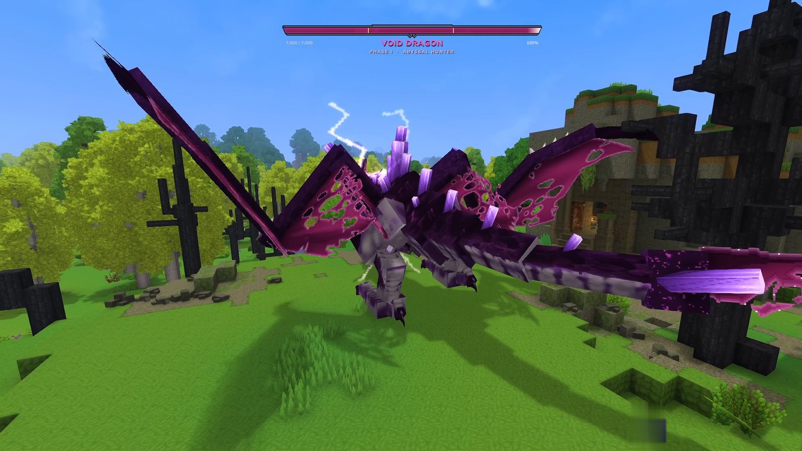 Hytale screenshot: the Void Dragon from Endgame & QoL, a huge purple and black dragon with glowing crystals, under its boss bar
