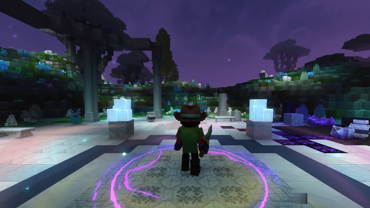 Hytale screenshot: The Mod Hunter on a glowing portal ring in a night-sky city of white stone