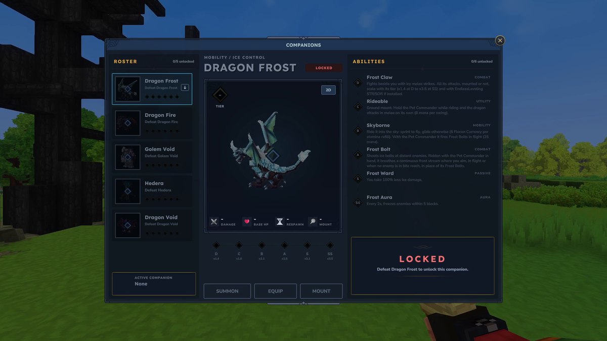 Hytale screenshot: the Companions window showing Dragon Frost as locked