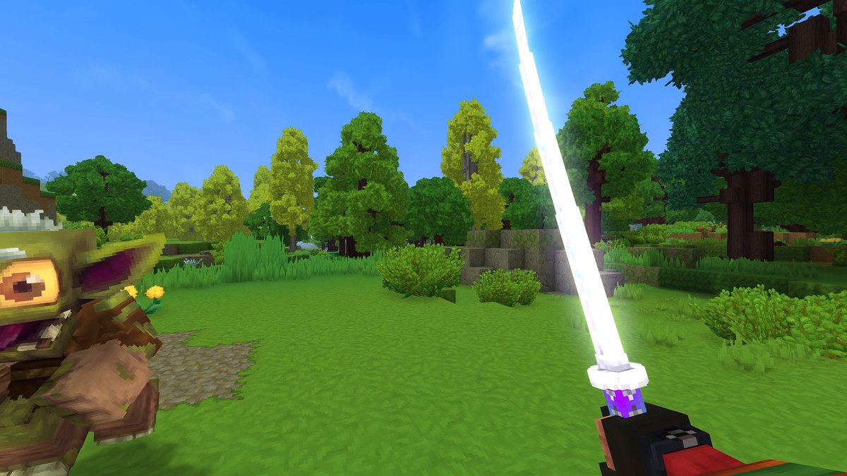 Hytale first-person screenshot: a white glowing katana raised next to a goblin