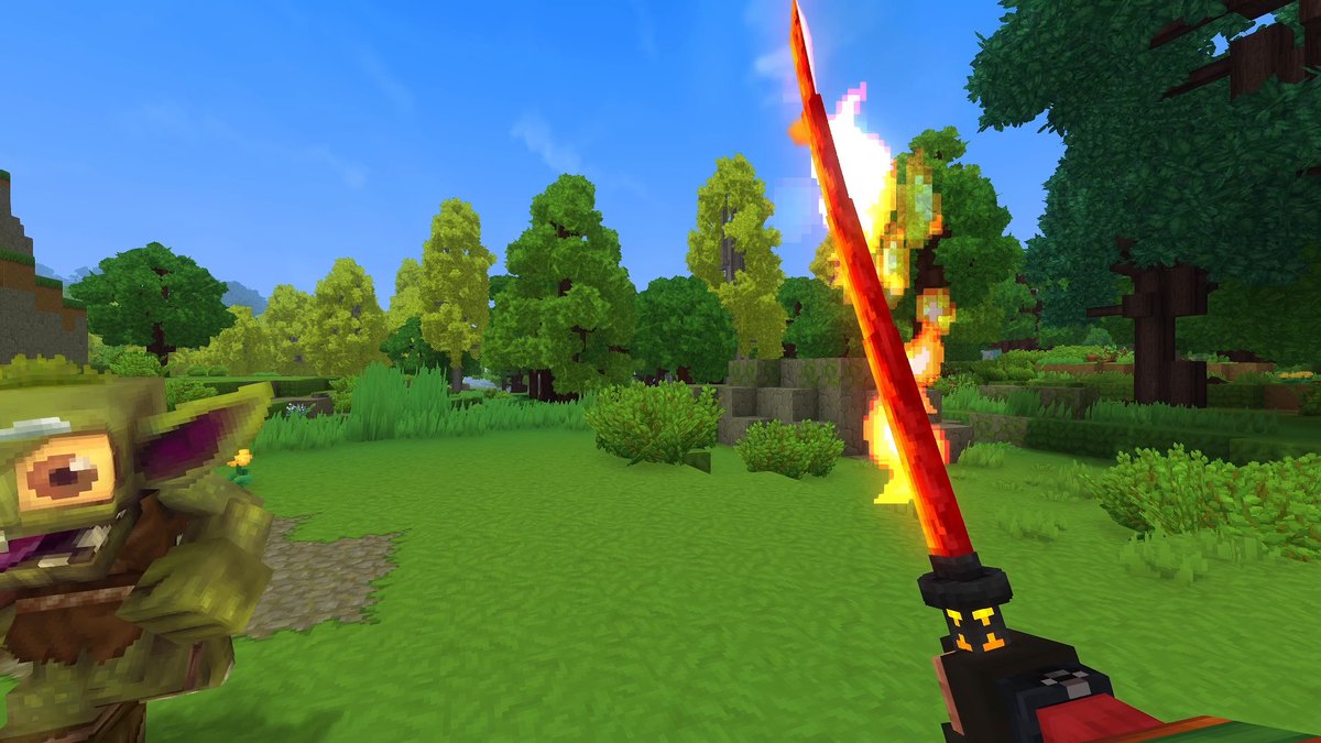 Hytale first-person screenshot: a red katana with flames next to a goblin