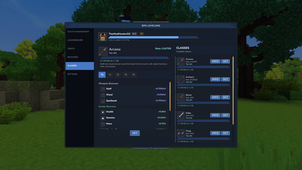 Hytale screenshot: the RPG Leveling class window with weapon bonuses and a class list