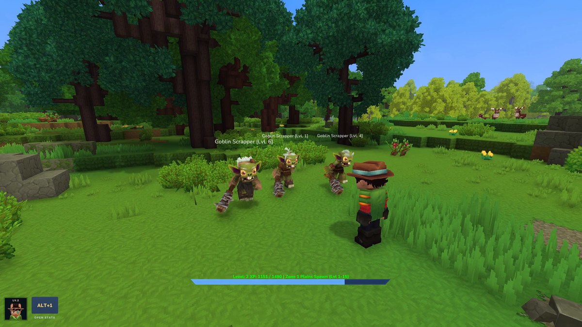 Hytale screenshot: The Mod Hunter facing three goblins with level nameplates