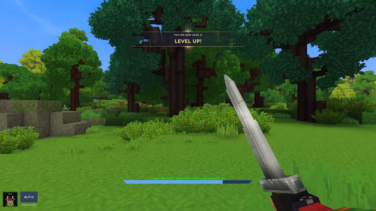 Hytale first-person screenshot: a LEVEL UP banner reading You are now level 2