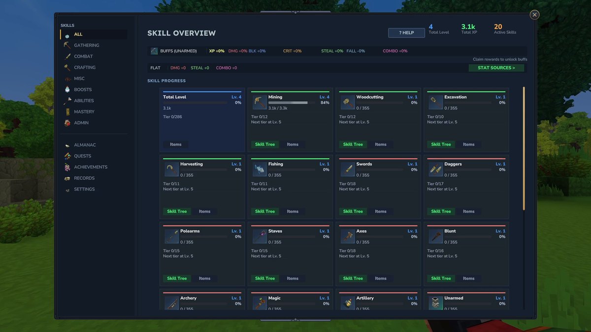 Hytale screenshot: the MMO Skill Tree skill overview with cards for every skill