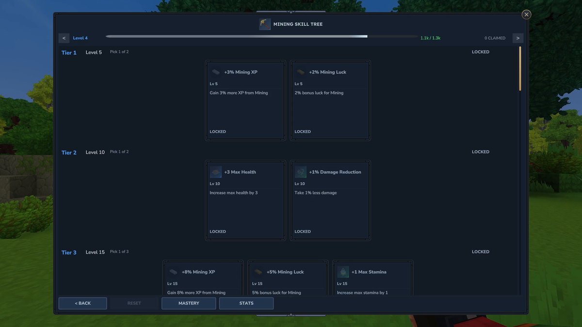 Hytale screenshot: the Mining skill tree with reward tiers