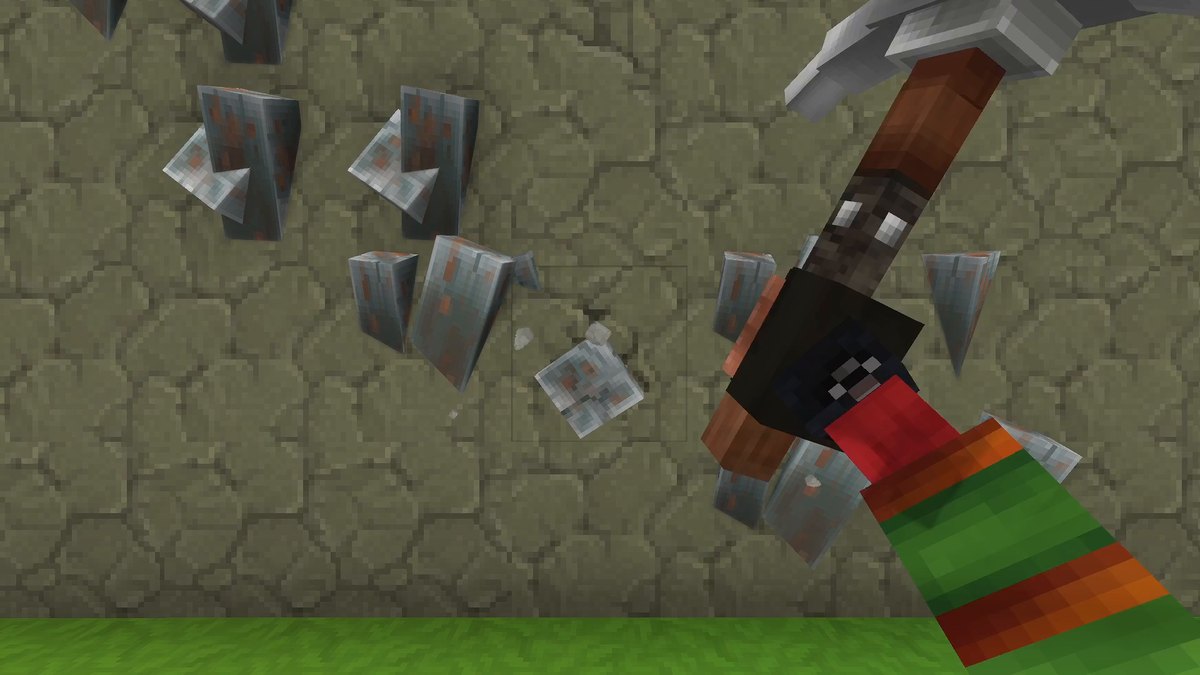 Hytale first-person screenshot: a pickaxe in front of a stone wall where a whole ore vein breaks apart
