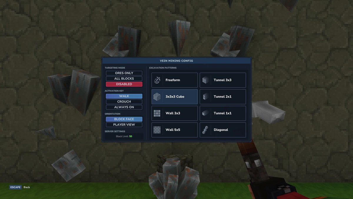 Hytale screenshot: the Vein Mining config window with Freeform, 3x3x3 Cube, Tunnel, Wall and Diagonal patterns