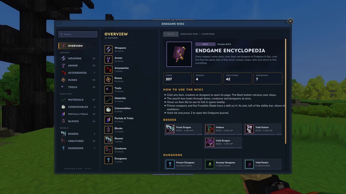 Hytale screenshot: the Endgame Encyclopedia window with bosses and dungeons