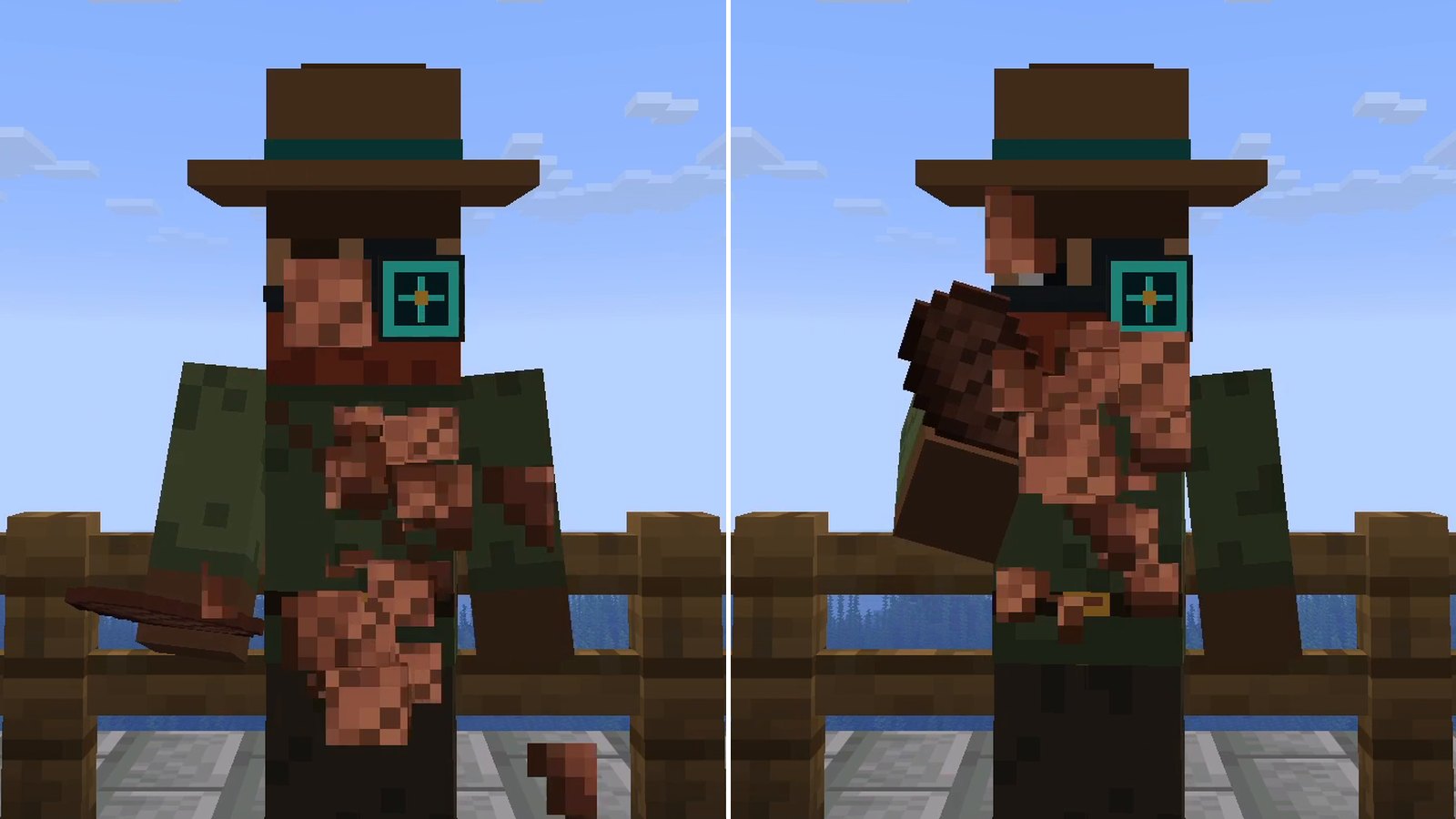 Split Minecraft screenshot of the same player eating a steak in third person: left the vanilla arm barely raised, right the hand at the mouth with Not Enough Animations
