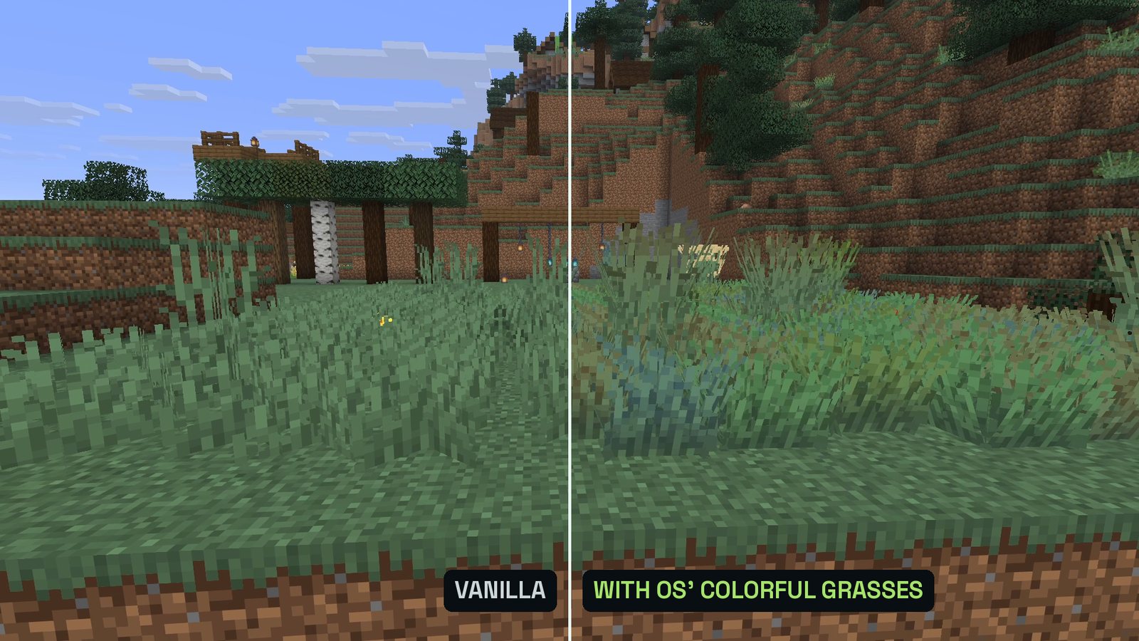 Split Minecraft screenshot of a meadow: left half vanilla grass, right half with OS' Colorful Grasses, bushy tufts in green, blue-green and yellow shades