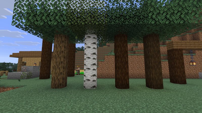 Split Minecraft screenshot of tree trunks under a leaf roof: left half vanilla with square trunks, right half with Round Trees and round trunks