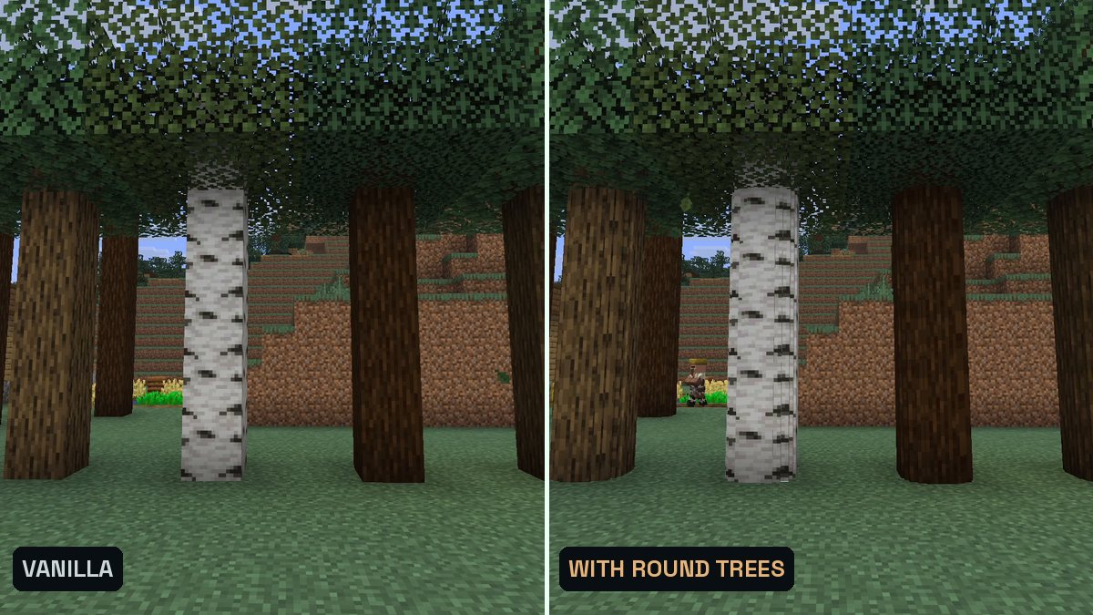 Two Minecraft screenshots side by side of a row of tree trunks, left square, right round