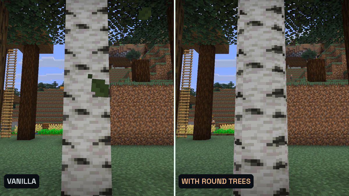 Two Minecraft screenshots side by side of tree trunks up close, left square, right round