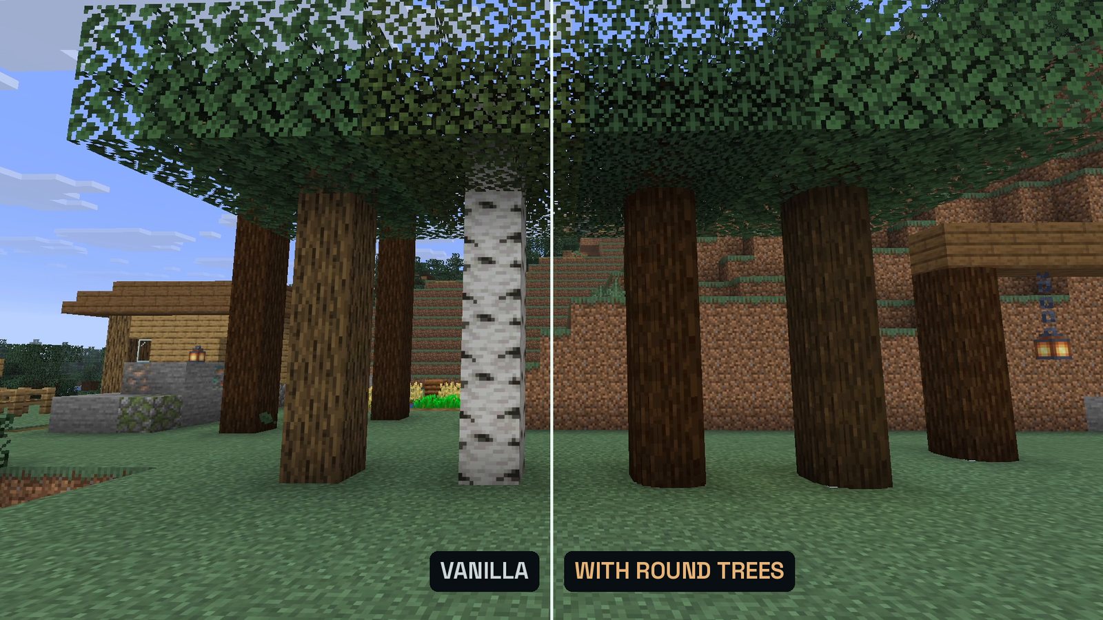 Split Minecraft screenshot of tree trunks under a leaf roof: left half vanilla with square trunks, right half with Round Trees and round trunks