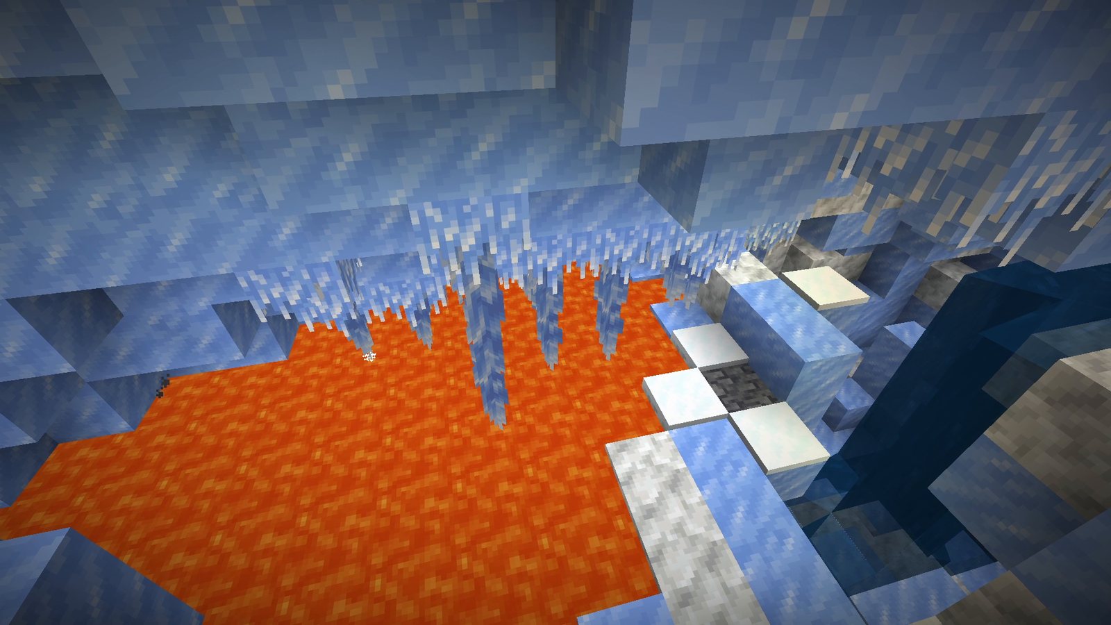 Minecraft ice cave from the snapshot: packed ice walls and a row of icicles hanging over a lava lake