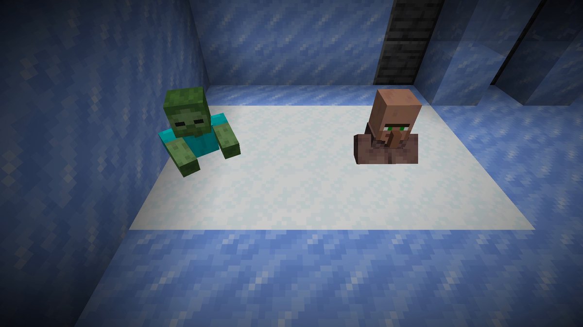 A zombie and a villager standing in powder snow