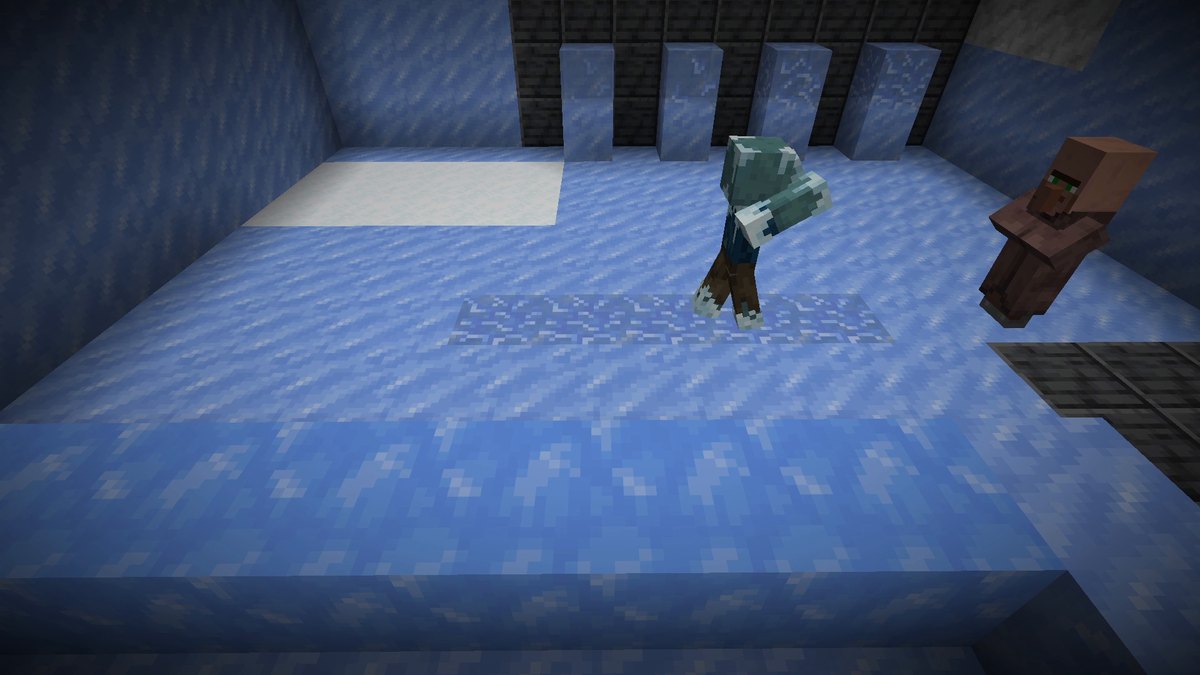 A Frostbite walking across cracked ice towards a villager