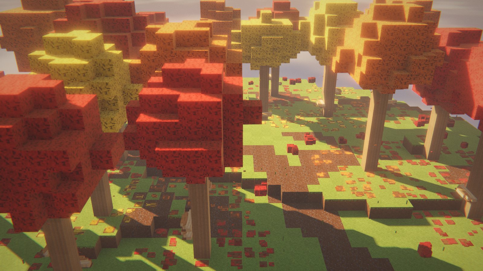 A voxel autumn forest with red and yellow trees