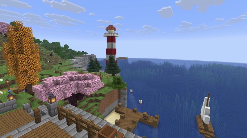 Minecraft 26.3 coast with a red and white lighthouse, a cherry tree, an orange autumn tree, a wooden dock and a small boat