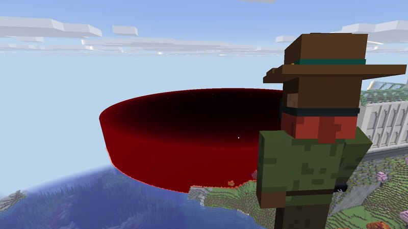 Minecraft screenshot: The Mod Hunter holds a TV remote while a huge dark red dome rises over the land behind him, next to a white domed building