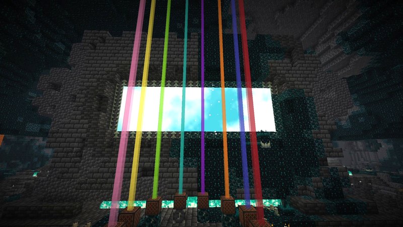 Minecraft screenshot: colored beams rise from eight blocks in an Ancient City while a huge frame fills with a cloudy sky portal