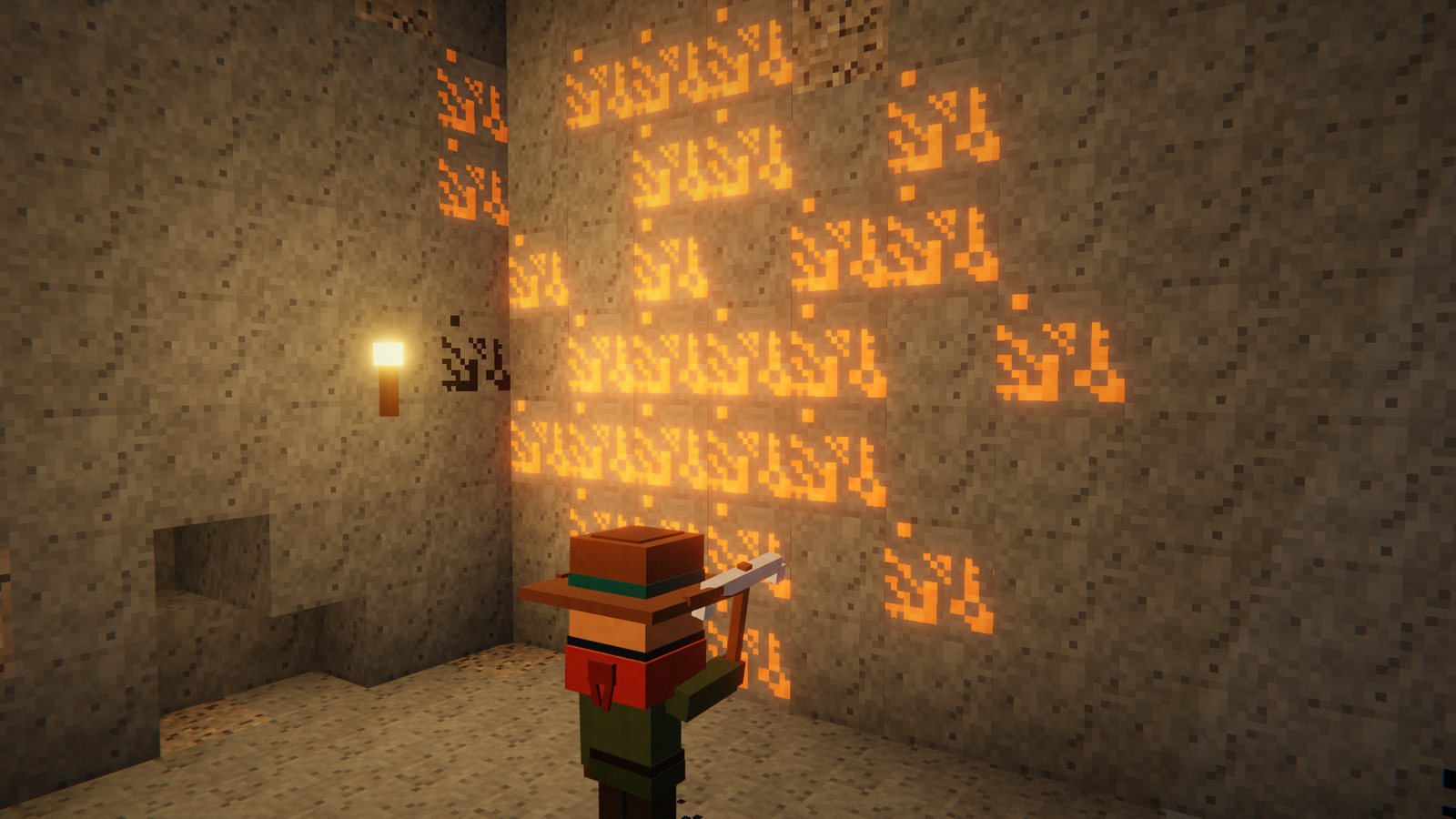 A voxel miner in front of a glowing copper vein in a torch-lit mine