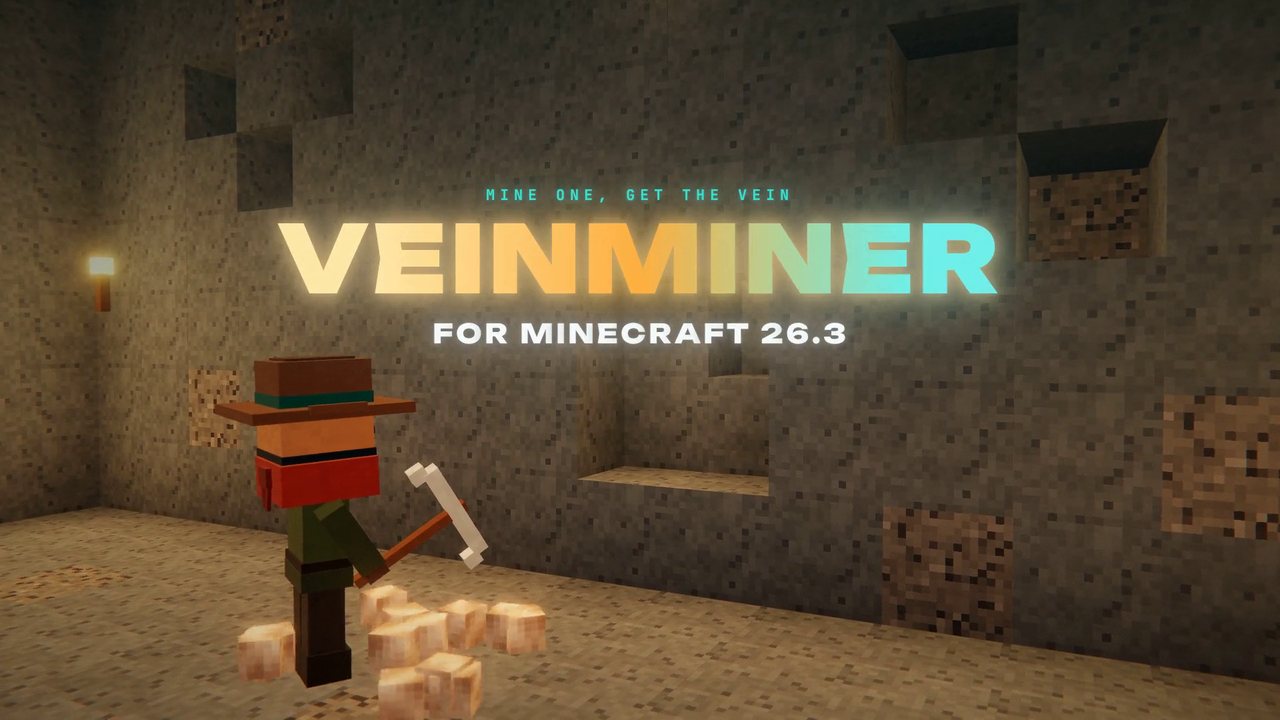 VeinMiner for Minecraft 26.3 title card over a torch-lit mine