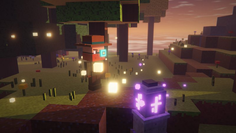 A voxel-style waystone in a village next to the title Waystones