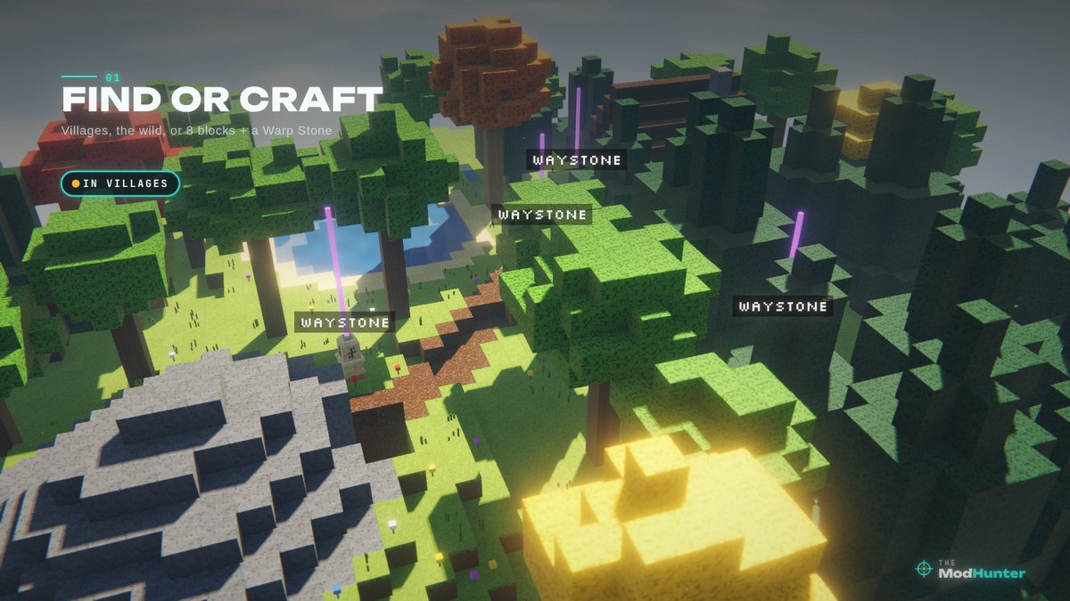 Voxel island seen from above with four waystones marked by purple light beams