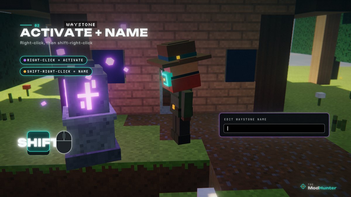 The hunter next to a glowing waystone, with a field to name it