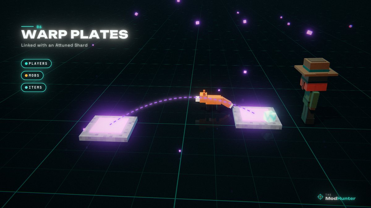 Two glowing warp plates linked by a dashed line, a fox teleporting between them