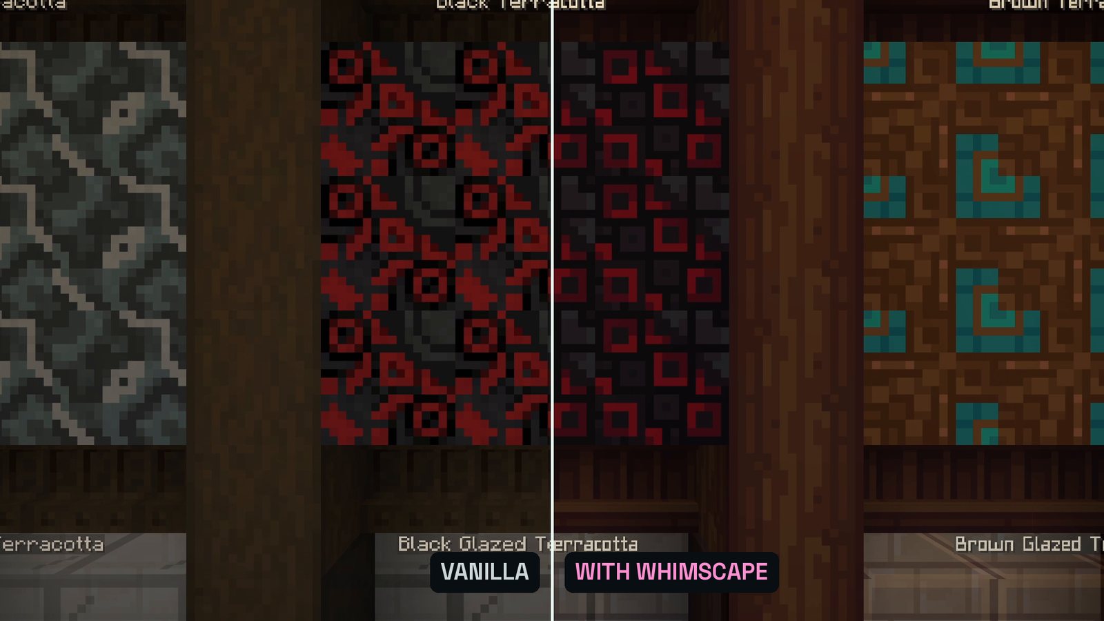 Split Minecraft screenshot of a library wall with colored blocks: left half vanilla, right half with the brighter Whimscape textures