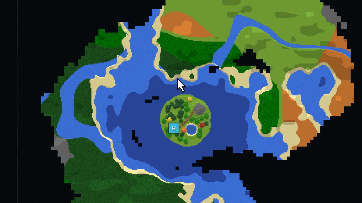 Voxel-style world map with explored land, a river and an island, the rest still dark