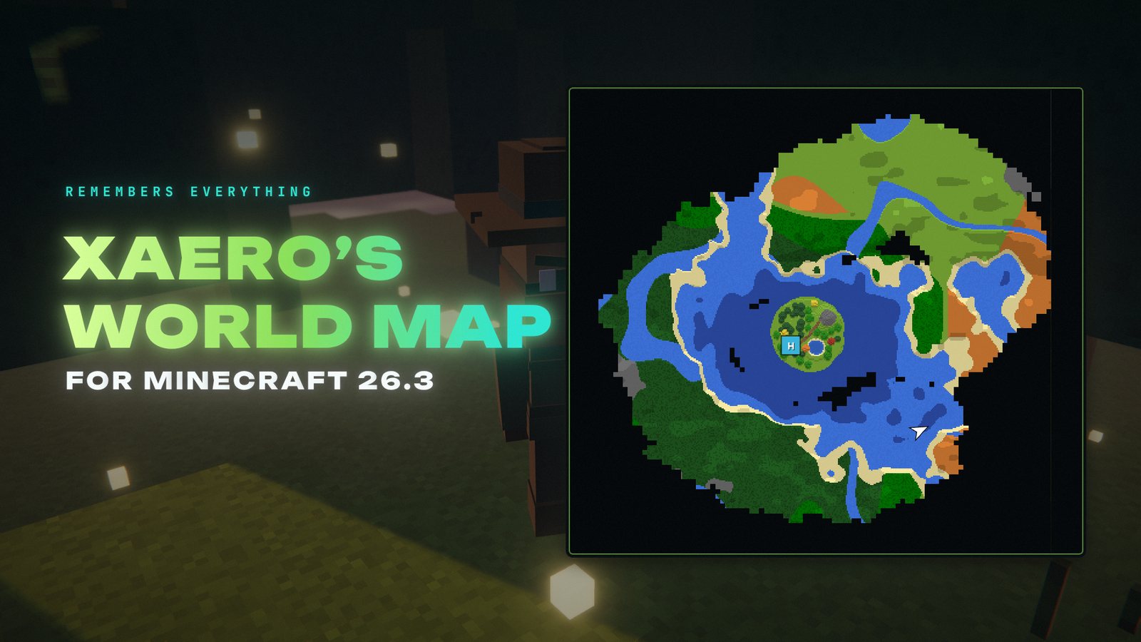 A full-screen voxel-style world map with a river, forests and an island, next to the title Xaero's World Map