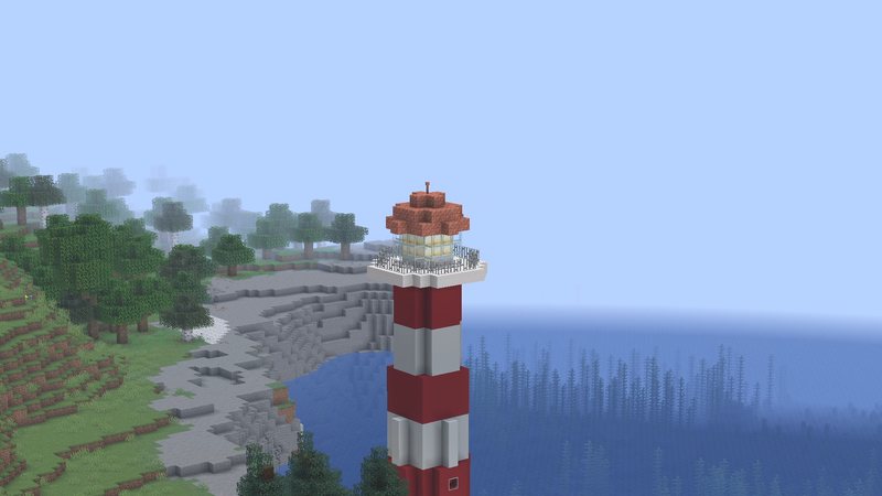Split Minecraft screenshot from the same spot: left the normal view of a distant lighthouse, right the same lighthouse zoomed in with Zoomify