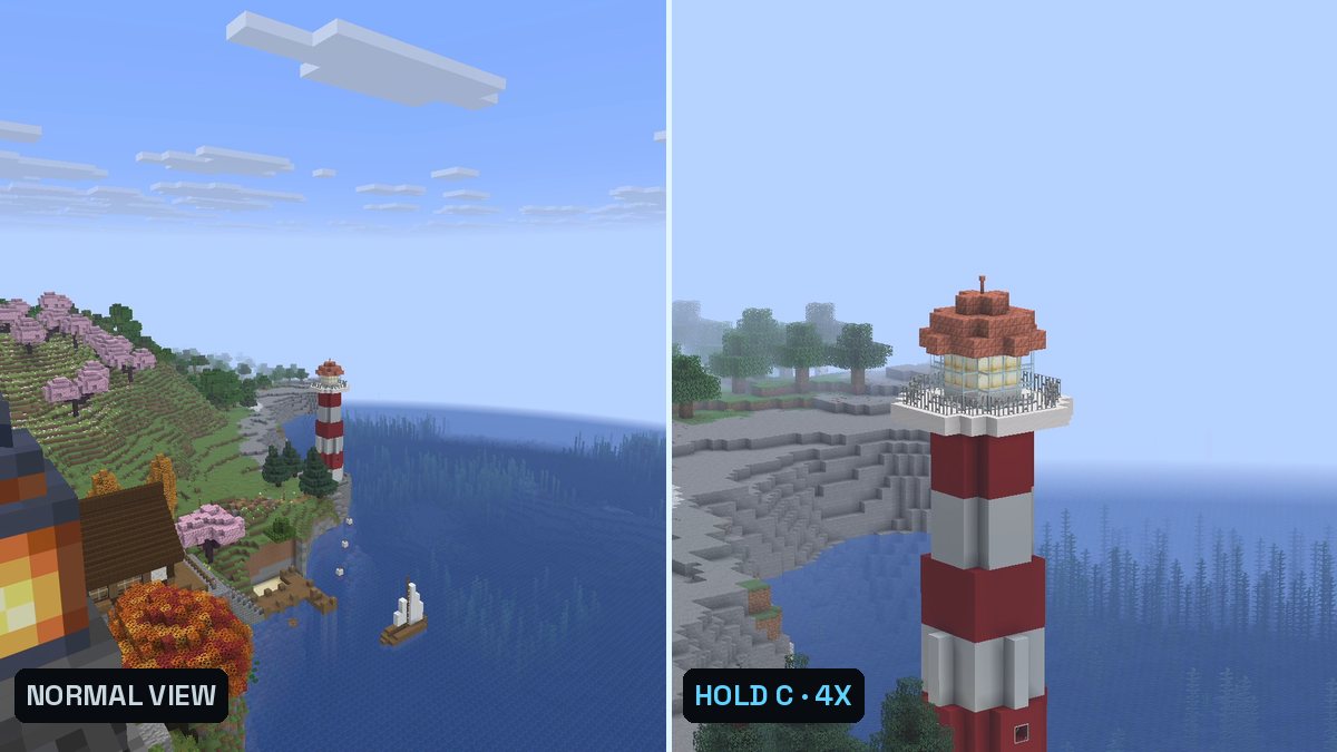 Two Minecraft screenshots side by side: a small lighthouse across a bay, and the same lighthouse zoomed in