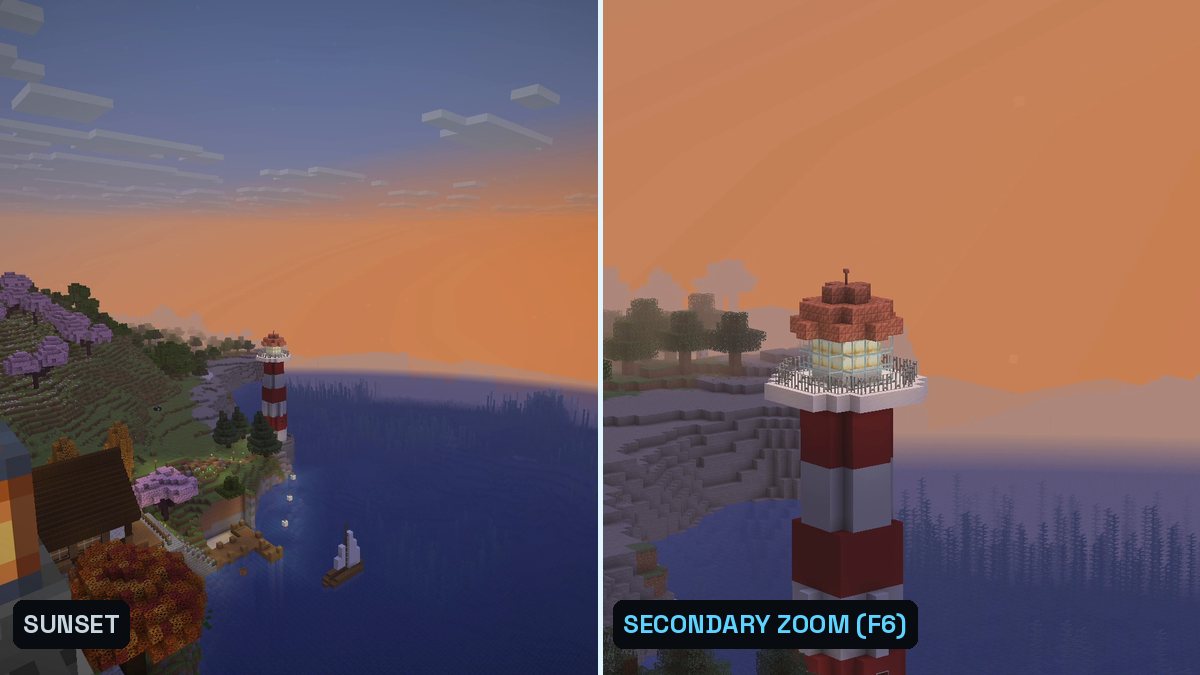 Two Minecraft screenshots at sunset: a bay with a lighthouse, and the lighthouse zoomed in