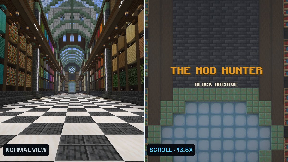 Two Minecraft screenshots of a long hall: normal view and a close zoom on a gold sign reading The Mod Hunter, Block Archive