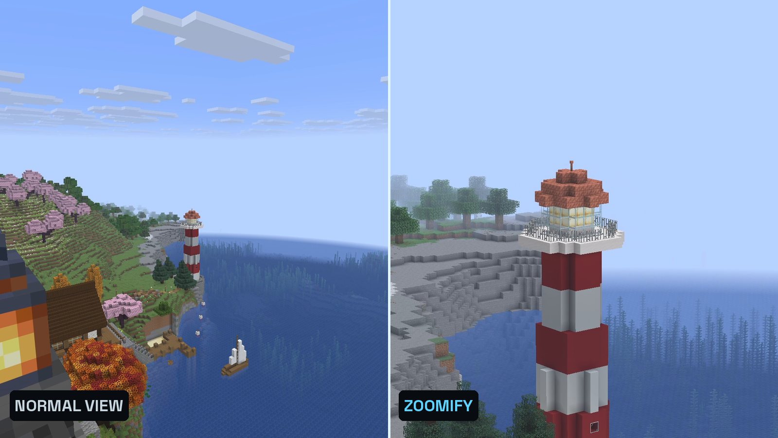 Split Minecraft screenshot from the same spot: left the normal view of a distant lighthouse, right the same lighthouse zoomed in with Zoomify